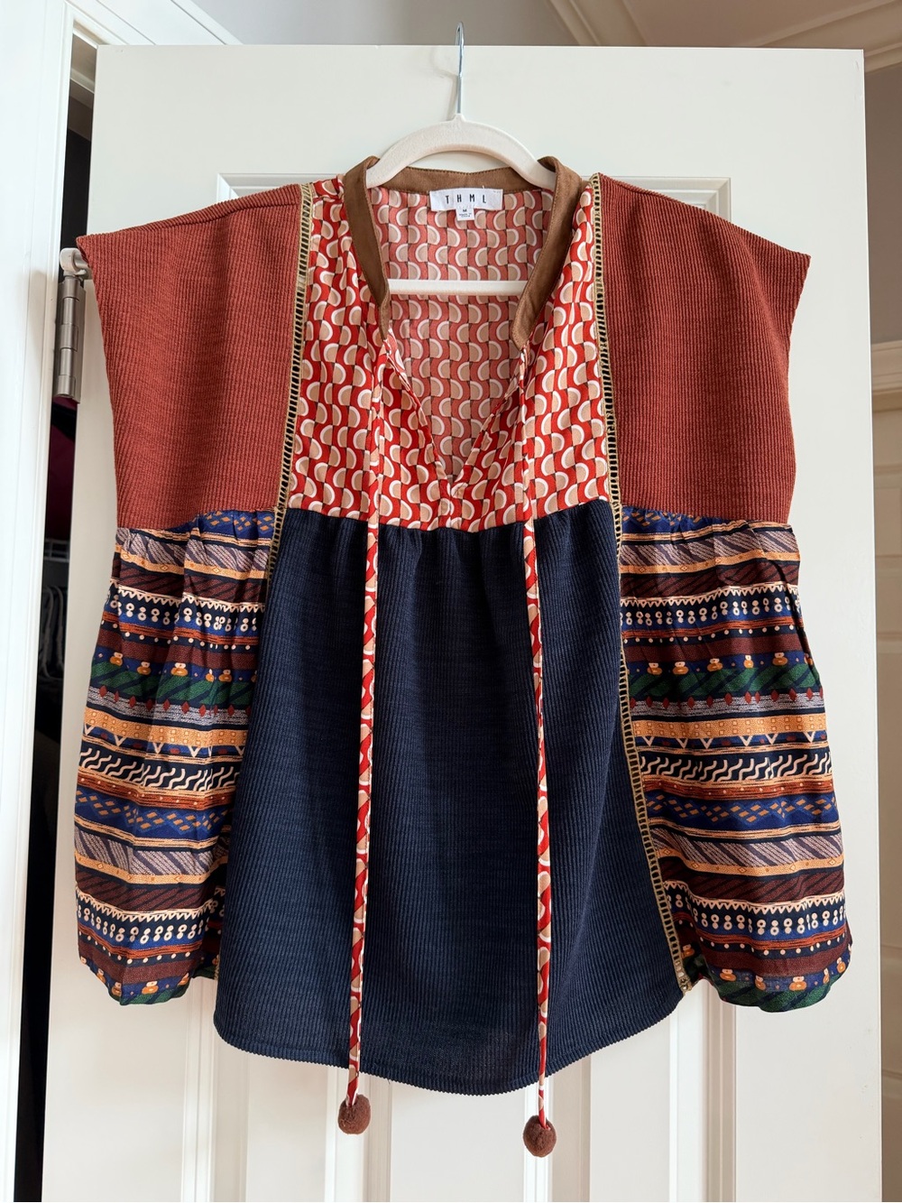 NWOT THML Boho Mixed Media Pom Pom Suede Trim Top Size M Aztec Peasant Western